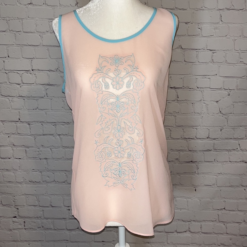 Sheer Pink with Blue Detailing Sleeveless Blouse Size Large